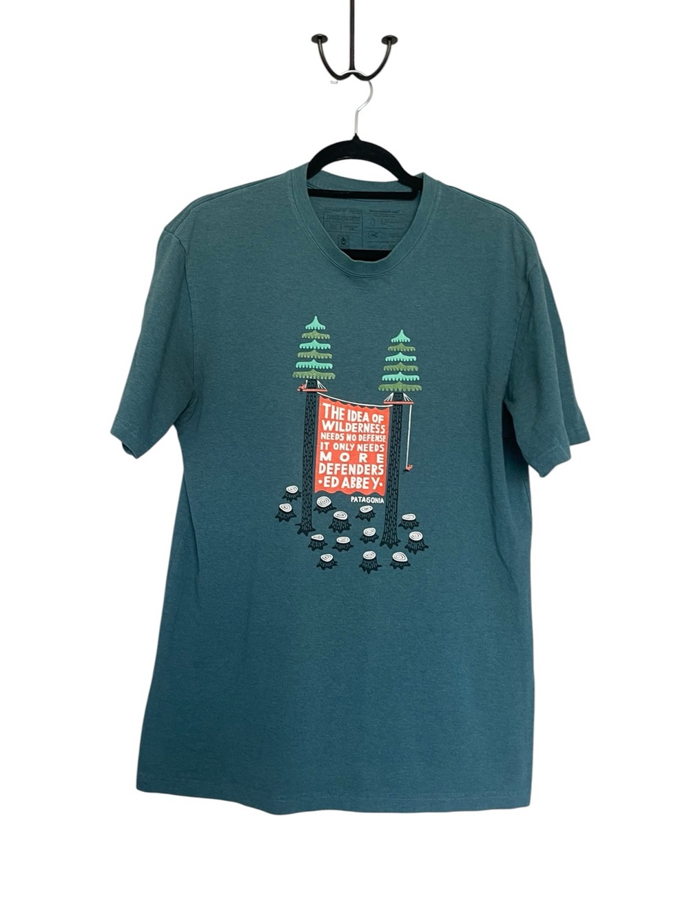 Patagonia Teal Graphic Tee with Red Banner and Pine Print